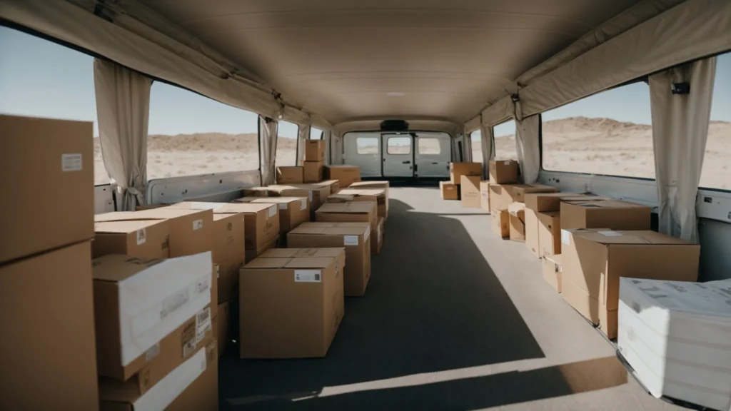 boxes neatly organized in an open moving truck with a clear, spacious pathway in between them.