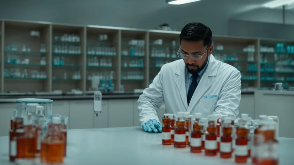 a researcher wearing a lab coat examines vials of peptides in a well-organized laboratory environment.