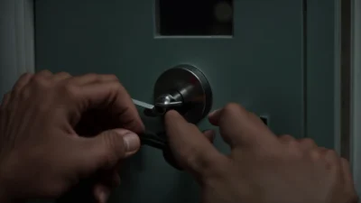 a skilled locksmith expertly picks a lock on a front door.