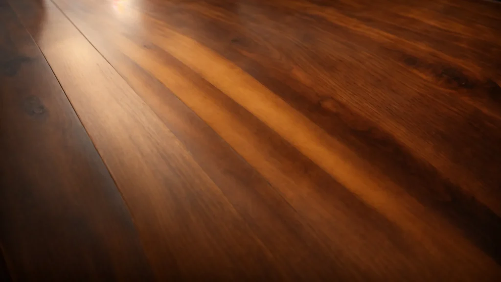 a wooden table gleaming under a soft light, showcasing its rich, freshly-stained surface.