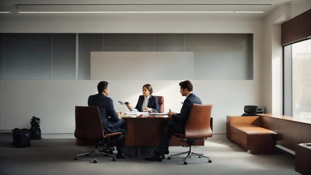 two individuals are seated across from an attorney in a bright, professional office, discussing documents.
