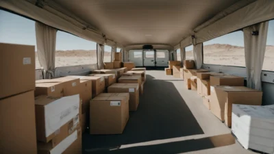 boxes neatly organized in an open moving truck with a clear, spacious pathway in between them.
