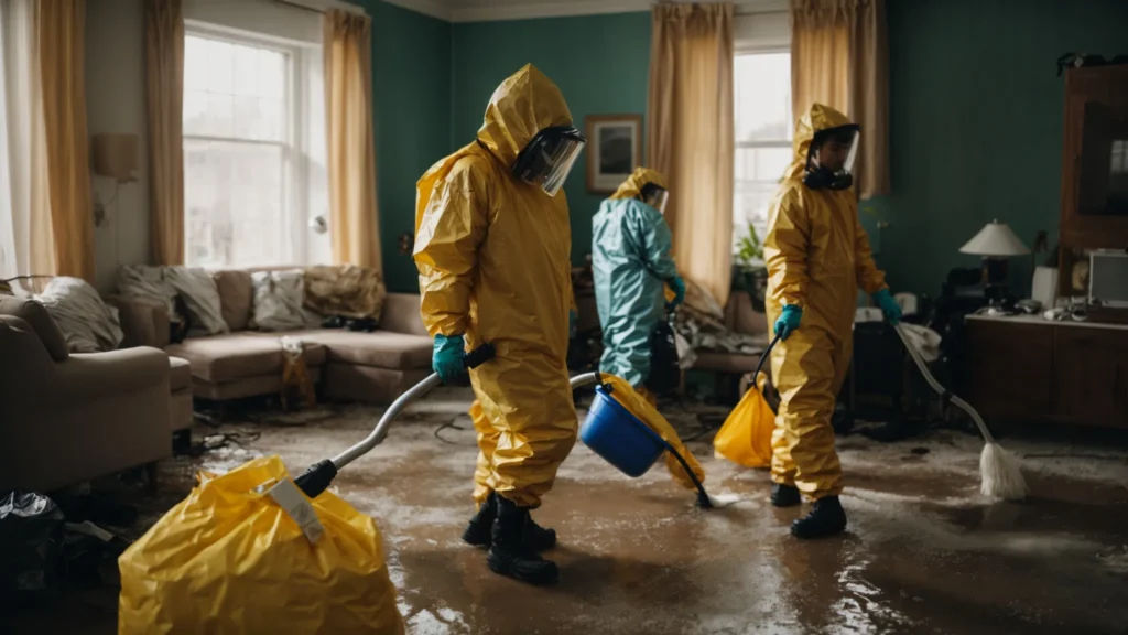 a team in hazmat suits diligently works to clean and restore a water-damaged living room.