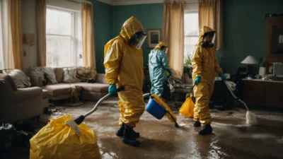 a team in hazmat suits diligently works to clean and restore a water-damaged living room.