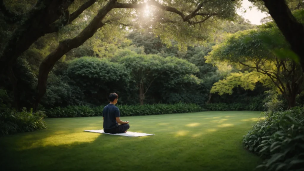 a person peacefully meditating in a serene garden filled with lush greenery.