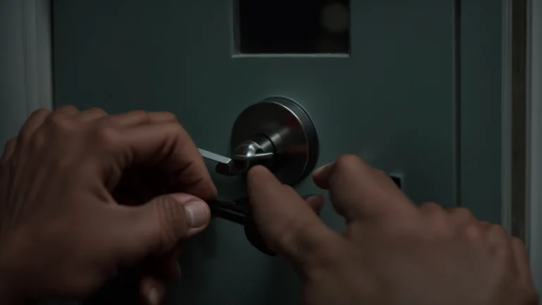a skilled locksmith expertly picks a lock on a front door.