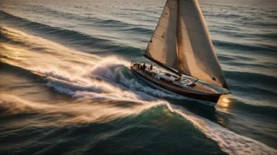 a sailboat with full, billowing sails glides smoothly across a calm sea at sunset.