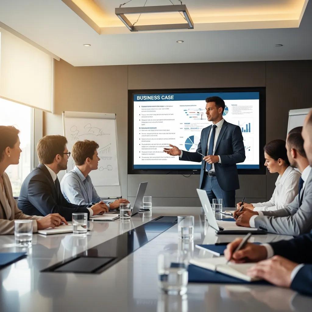 Business professional presenting a business case in a conference room