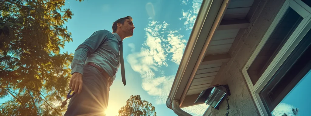 business professionals examining seamless gutters with anchor in hand.
