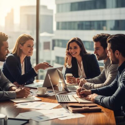 Diverse professionals in a modern office discussing strategic business justification