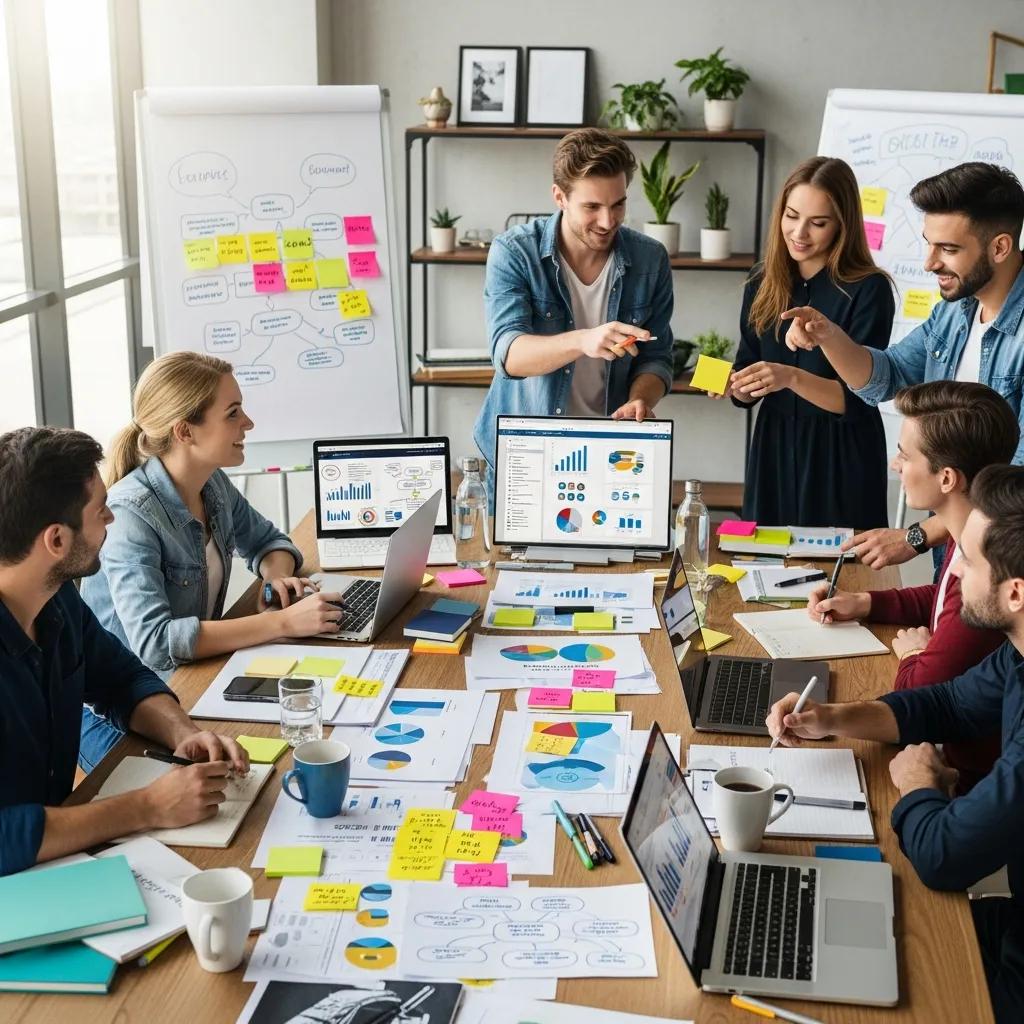 Team brainstorming for strategic planning with materials on the table