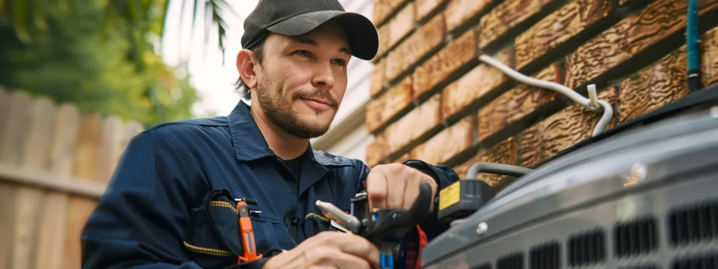 a professional technician in a uniform holding tools while inspecting an air conditioning unit outdoors.