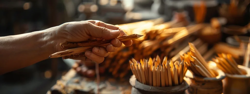 a hand holding a twig pencil, while in the background traditional wood pencils are being manufactured.