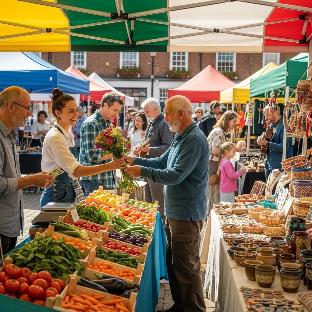 Community market scene highlighting local vendors and the impact of ethical investments