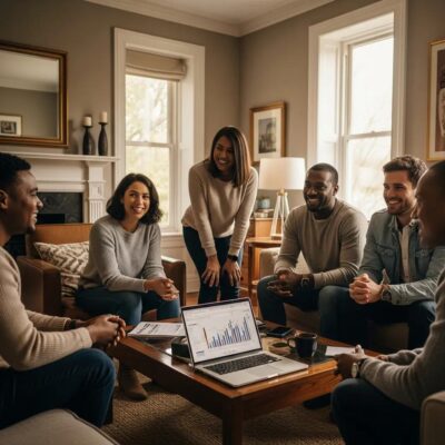 Diverse group discussing ethical investing in a cozy living room setting