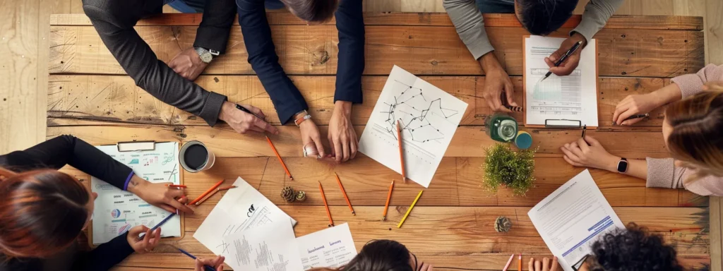 business professionals gathered around a table, comparing traditional pencils to eco-friendly twig pencils.