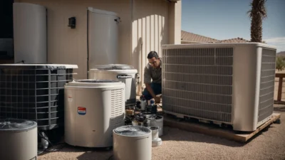 a technician is examining the outdoor unit of an air conditioner with tools near a las vegas home.