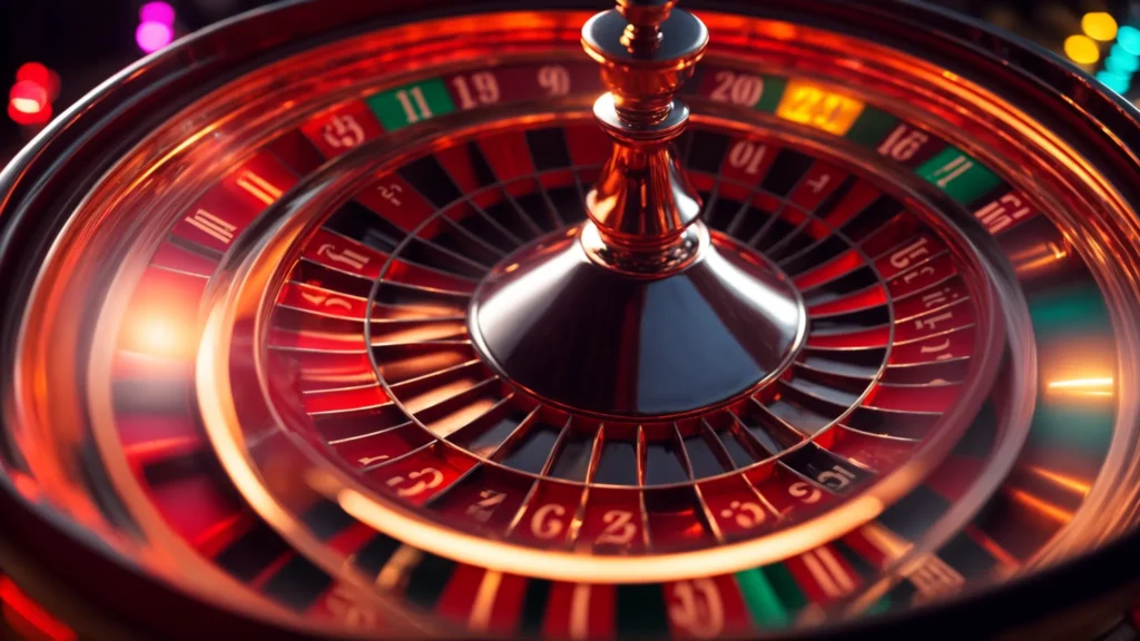 a roulette wheel spins beneath vibrant casino lights, evoking the thrill of chance.