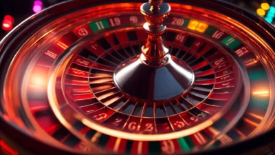 a roulette wheel spins beneath vibrant casino lights, evoking the thrill of chance.